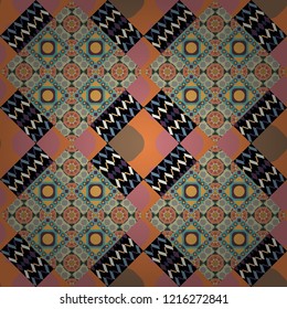 Vector repeated oriental motif for fabric or paper design. Seamless ethnic patterns for border in blue, gray and yellow colors.