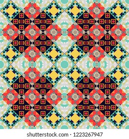 Vector repeated oriental motif for fabric or paper design. Seamless ethnic patterns for border in gray, red and black colors.