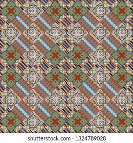 Vector repeated oriental motif for fabric or paper design. Seamless ethnic patterns for border in orange, blue and gray colors.