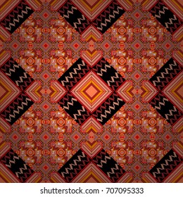 Vector repeated oriental motif for fabric or paper design. Seamless ethnic patterns for border in pink, red and brown colors.
