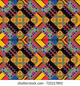 Vector repeated oriental motif for fabric or paper design. Seamless ethnic patterns for border in black, yellow and violet colors.