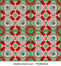 Vector repeated oriental motif for fabric or paper design. Seamless ethnic patterns for border in blue, green and beige colors.