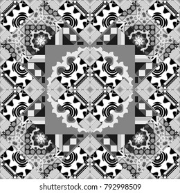 Vector repeated oriental motif for fabric or paper design. Seamless ethnic patterns for border in gray, black and white colors.