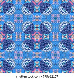 Vector repeated oriental motif for fabric or paper design. Seamless ethnic patterns for border in violet, beige and blue colors.