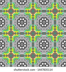 Vector repeated oriental motif for textile, fabric or paper design. Seamless ethnic patterns in gray, green and blue colors.