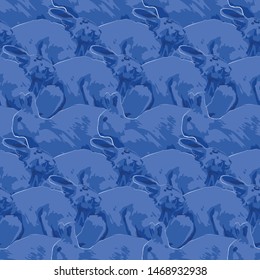 Vector repeated seamless pattern of cute rabbits in the side view drawn with rough brush in blue colors