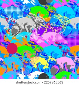 Vector repeated seamless pattern of cute rabbits in the side view drawn with rough brush in contrast colors