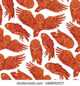 Vector repeated seamless pattern of forest owls drawn with rough brush in contrast colors