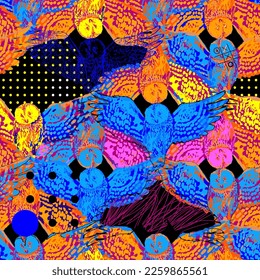 Vector repeated seamless pattern of forest owls drawn with rough brush in contrast colors