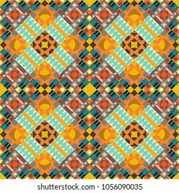 Vector repeated shapes and lines seamless background. Geometric seamless surface pattern design with retro orange, green and blue colors rhombuses ornament. Grid digital paper, textile print, design.