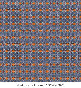 Vector repeated shapes and lines seamless background. Geometric seamless surface pattern design with retro gray, orange and blue colors rhombuses ornament. Grid digital paper, textile print, design.