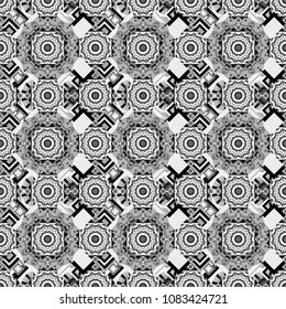Vector repeated shapes and lines seamless background. Geometric seamless surface pattern design with retro white, gray and black colors rhombuses ornament. Grid digital paper, textile print, design.