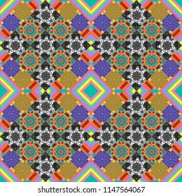 Vector repeated shapes and lines seamless background. Geometric seamless surface pattern design with retro violet, orange and gray colors rhombuses ornament. Grid digital paper, textile print, design.