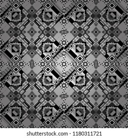 Vector repeated shapes and lines seamless background. Geometric seamless surface pattern design with retro white, gray and black colors rhombuses ornament. Grid digital paper, textile print, design.