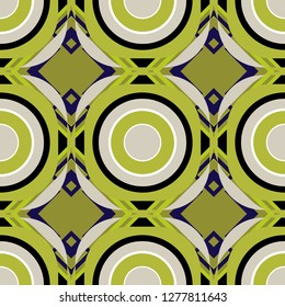 Vector repeated shapes and lines seamless background. Geometric seamless surface pattern design with retro black, gray and green colors rhombuses ornament. Grid digital paper, textile print, design.