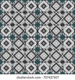 Vector repeated shapes and lines seamless background. Geometric seamless surface pattern design with retro green, brown and white colors rhombuses ornament. Grid digital paper, textile print, design.