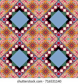 Vector repeated shapes and lines seamless background. Geometric seamless surface pattern design with retro red, orange and blue colors rhombuses ornament. Grid digital paper, textile print, design.
