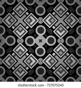 Vector repeated shapes and lines seamless background. Geometric seamless surface pattern design with retro gray, black and white colors rhombuses ornament. Grid digital paper, textile print, design.