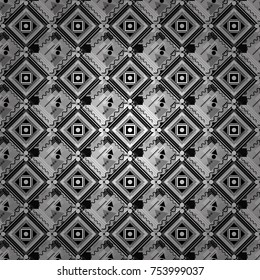 Vector repeated shapes and lines seamless background. Geometric seamless surface pattern design with retro gray, black and white colors rhombuses ornament. Grid digital paper, textile print, design.
