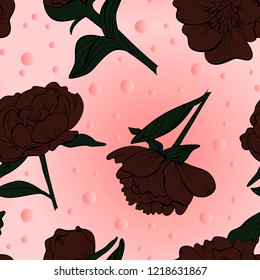 Vector repeated square floral seamless pattern with wild peony on light blue background with bubbles flying all around
