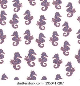 Vector. Repeated texture with cartoon characters. Simple Feminine Pattern for Card, Invitation, Print. Seamless pattern with underwater animals: seahorse. Illustration on white, blue and pink colors.