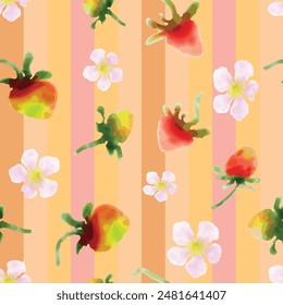 Vector repeated watercolor pattern of ripening strawberries and white flowers on a vertically striped background in warm colors pink, yellow, peach.