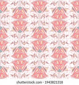 Vector repeating abstract bell shapes pattern in pale pastel pinks with highly decorative Art Deco inspired elements on a dotted white background