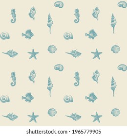 Vector repeating background with blue pencil drawings of seashells, starfish and seahorses on a beige backdrop. Beautiful seamless pattern with hand-drawn shells of various shapes in retro style