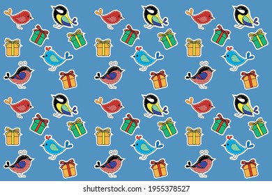 Vector repeating background of colorful birds and gift boxes