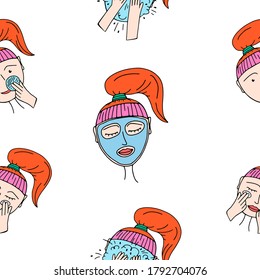 Vector repeating background of skin care steps in doodle style. Face cleanse, usage of lotion, moisturizing, deep cleaning with facial mask. Seamless pattern of cosmetic procedures. 