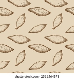 Vetor repetindo o fundo com frutas de batatas doces. Mão desenhado gravado padrão sem costura com legumes. Comida saudável, safra.Design para rótulo, banner, cartão, menu, impressão, papel, embalagem, sinal