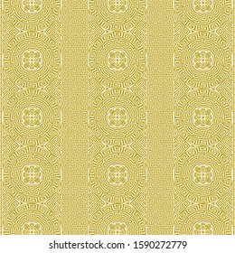 Vector repeating background in traditional greek ethnic style. Geometric line art ornament in gold and white. Design template for invitations, cards, menu, wallpaper. For printing on textiles, bedding
