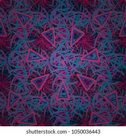 Vector repeating geometric mesh tiles. Ethnic design. Tribal seamless pattern. Striped pattern with ethnic tribal motifs, zigzag lines, Mandalas, brushstrokes paint in black, blue and violet colors.