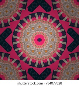 Vector repeating geometric mesh tiles. Tribal seamless pattern. Striped pattern with ethnic tribal motifs, zigzag lines, Mandalas, brushstrokes paint in blue, pink and beige colors. Ethnic design.