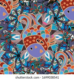 Vector. Repeating geometric tiles with fish. Seamless pattern. Modern stylish texture. Fishes on beige, blue and neutral.