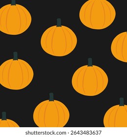 Vector repeating halloween pumpkins seamless pattern or black background repeatable and printable texture Happy Halloween Trick or treat Wallpaper, wrapping paper.