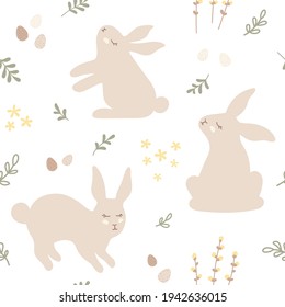 Vector repeating hand-drawn print. Easter pattern with bunnies, easter eggs and leaves in scandinavian style. Cute childrens seamless pattern in pastel colors.