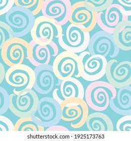 Patrón de textura de fondo de remolinos de color pastel repitiendo vectores en multicolor dispersado en un fondo azul