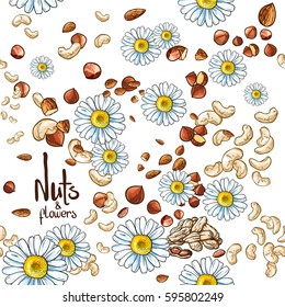 Vector repeating pattern with beautiful white flowers and different nuts. Isolated on white background.