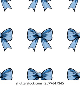 A vector repeating pattern of blue bows on a white background, creating a cheerful and playful design.