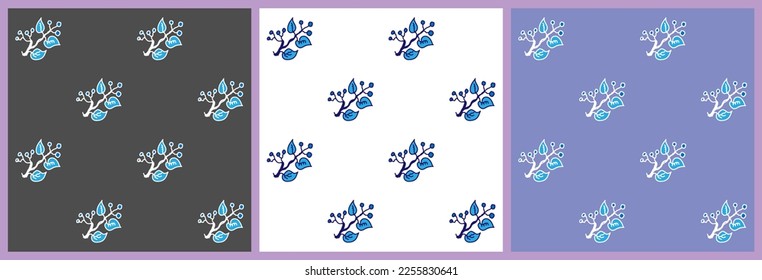 Vector repeating pattern of branch with leaves and berries in checkerboard pattern for textile and design in blue colors.