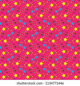 vector repeating pattern of bright colorful stars in various size and rotation for textile, fabric, backgrounds, backdrops, wallpaper and creative festive and cheerful surface designs