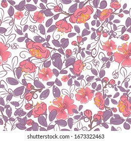 vector repeating pattern of cherry or rosehip flowers, roses on a white background in purple and pink colors for textiles, napkins, wedding decor, holiday invitations.