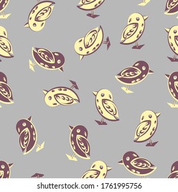 Vector repeating pattern of chicks in lemon yellow and burgundy on a pale grey background. A cute, sweet and decorative design of scattered and isolated birds great for children and nursery art.