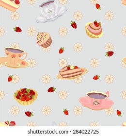 Vector repeating pattern from the cups, cake, cupcakes and strawberries.