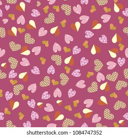 vector repeating pattern of decorated colored and pink hearts over purple background. creative pattern for textile, fabric and decorative surface designs