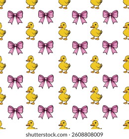 A vector repeating pattern featuring cute yellow ducklings and pink bows on a white background.