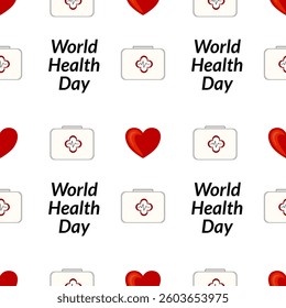 A vector repeating pattern featuring medical symbols like a first aid kit and heart icons, along with the text World Health Day. The design is colorful and suitable for health-related themes.