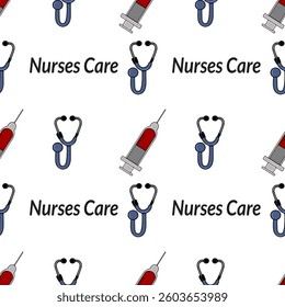 A vector repeating pattern featuring medical elements like syringes and stethoscopes, along with the text Nurses Care. The design is colorful and suitable for healthcare themes.