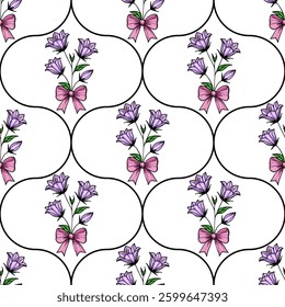 A vector repeating pattern featuring purple bellbellflowers tied with pink bows, set against a white background with oval shapes.